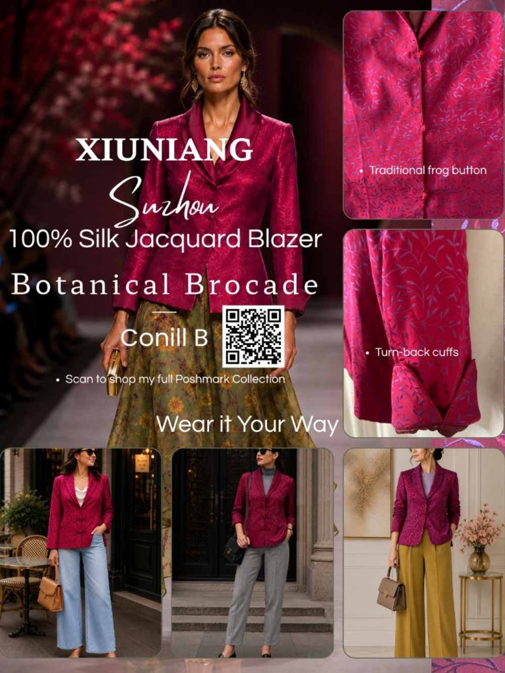 Xiuniang Suzhou 100% Silk Jacquard Blazer Botanical Brocade Frog Clossures~ 8-10